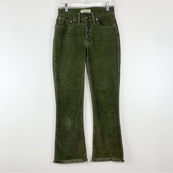 Madewell Cali Demi-Boot Corduroy Cropped Pants Green 24 Raw Hem Button Fly - Picture 1 of 14